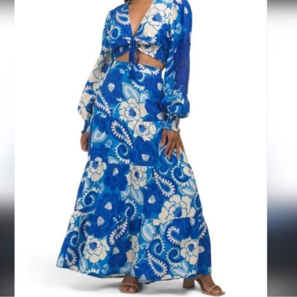 House of Harlow Blue Floral Linen Top and Tiered Skirt SET- NEW WITH TAGS